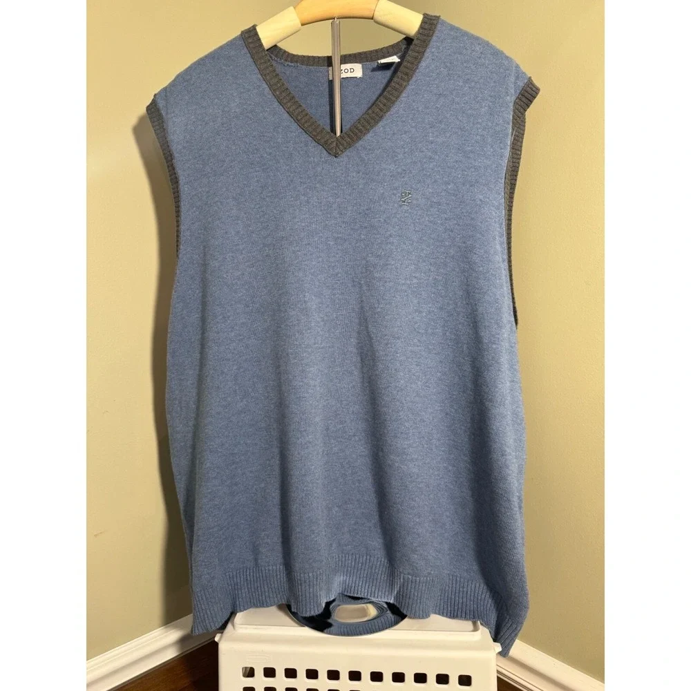 IZOD Mens V-Neck Sweater Vest XXL Blue Gray 100% Cotton Knit Sleeveless Pullover